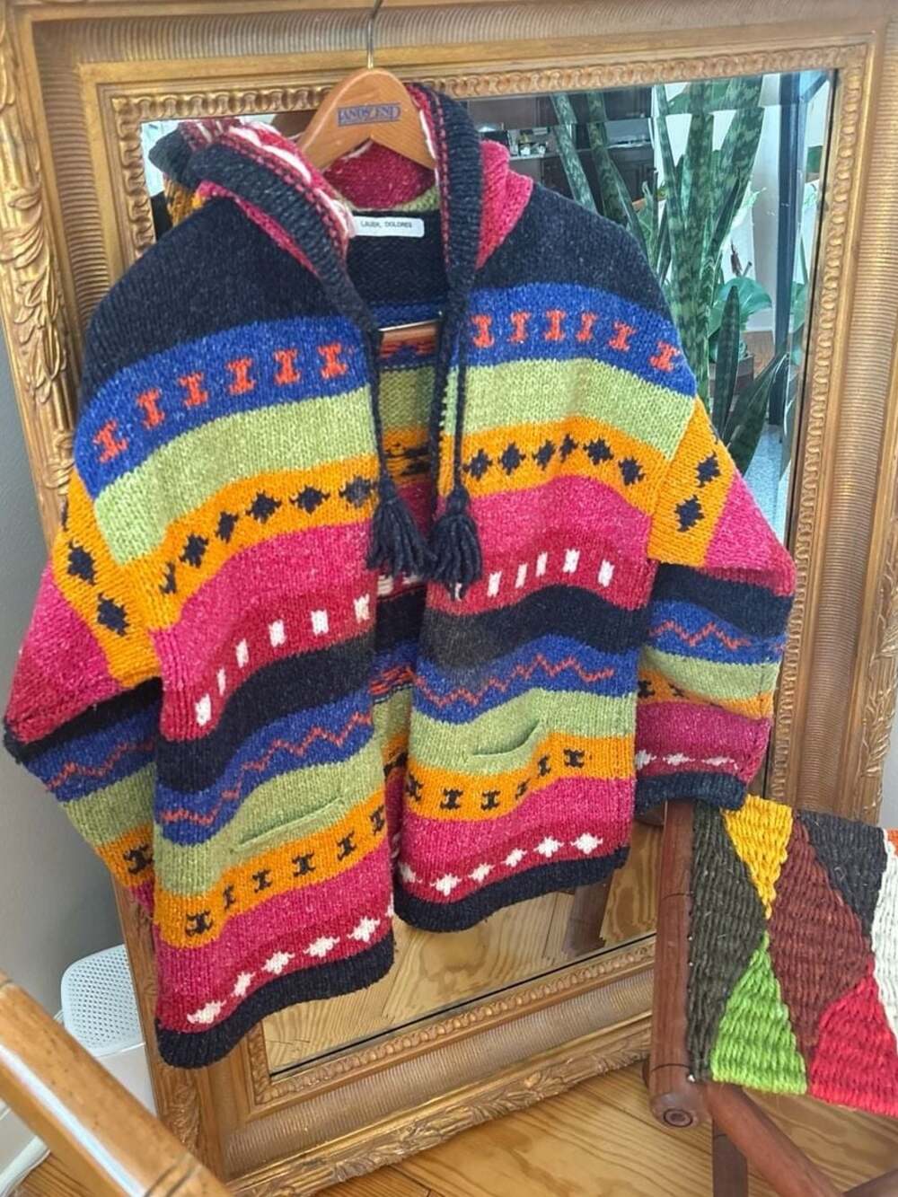 Vintage Hand Knit Hooded Cardigan Sweater Colorful Geometric pattern